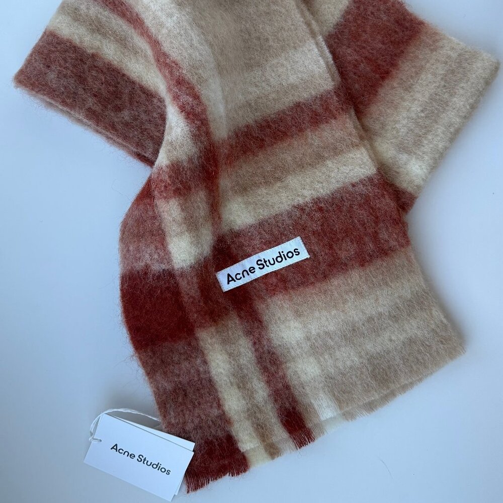 Acne Studios Striped Mohair Blend Scarf in Cream and Rust